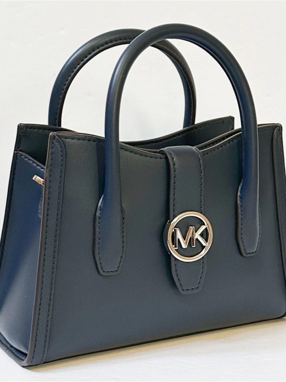 NWT Michael Kors Navy Blue Gabby Leather Small Satchel with MK Medallion.